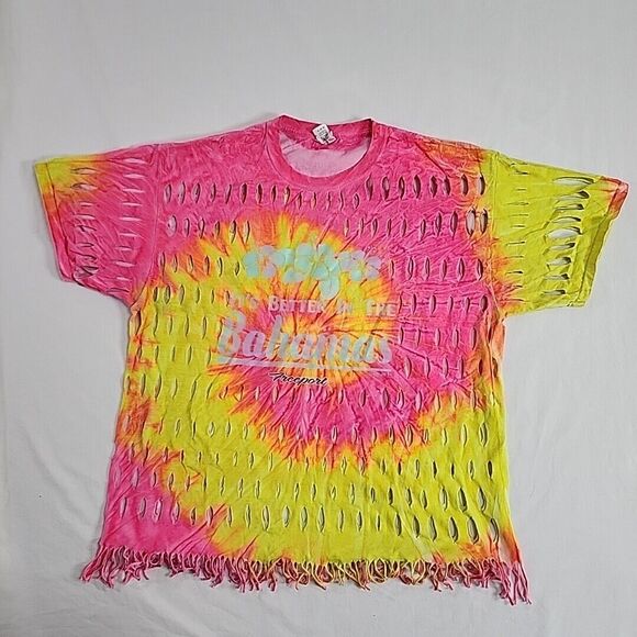 It's Better In The Bahamas‎ Freeport Spiral Tie Dye Fray Upcycle Rare T-Shirt XL - Picture 1 of 16